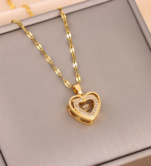 Double-layer Love Necklace With Rhinestones Titanium Steel Pendant Fashion Jewelry Woman Valentines Day Gift
