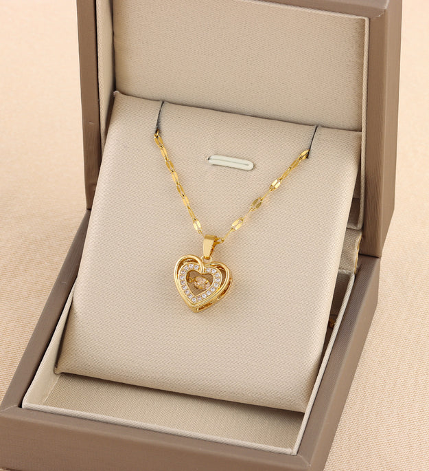 Double-layer Love Necklace With Rhinestones Titanium Steel Pendant Fashion Jewelry Woman Valentines Day Gift